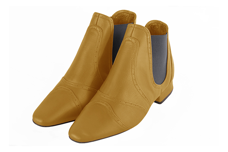 Women's mustard yellow and ash grey elegant Chelsea ankle boots, with side elastics. Square toe. Flat block heels - Front view